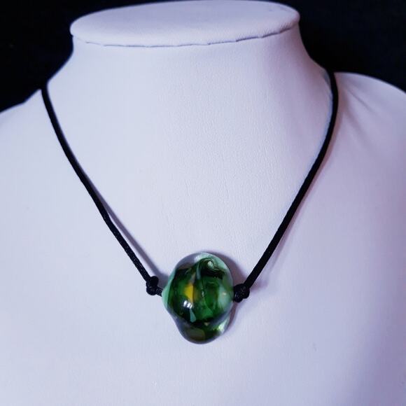 Hand Crafted Necklace Green Glass Bead Silk Cord - Picture 1 of 6